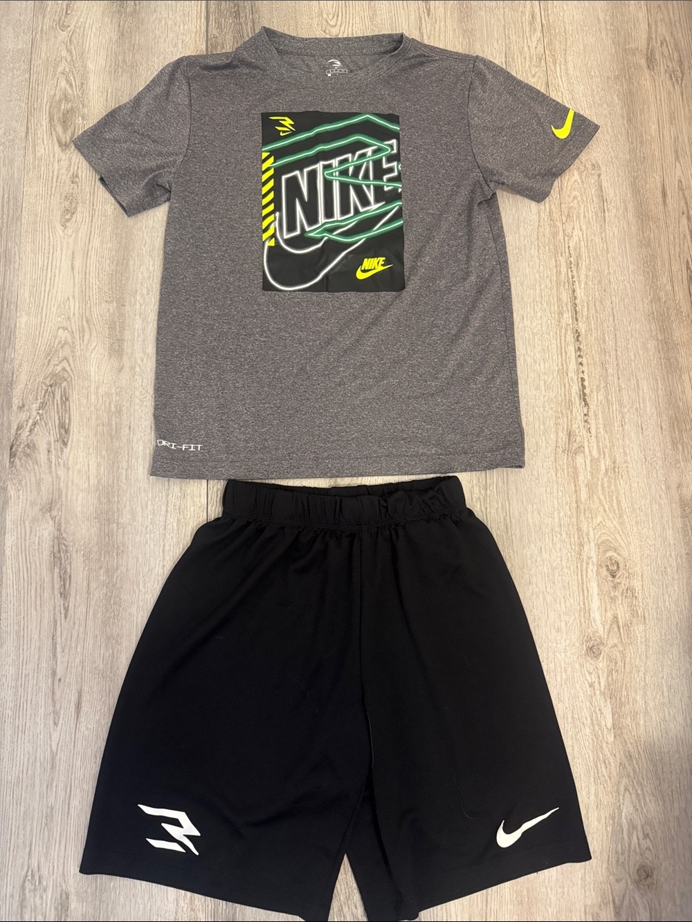 Nike Gray Tee with Neon Detail & Black Athletic Shorts